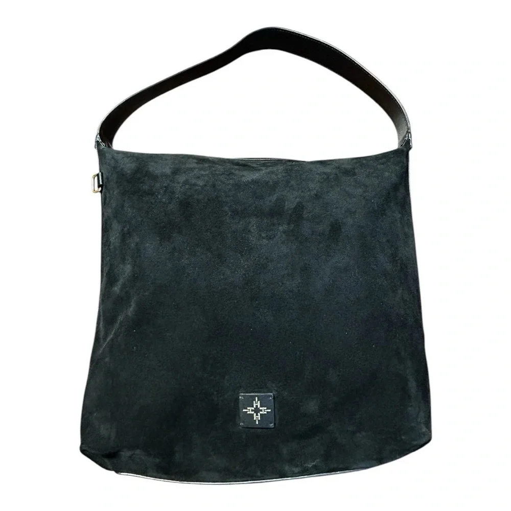India Hicks Black Suede & Leather Hobo Style Handbag 